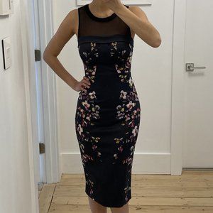 Karen Millen Black Bodycon Midi Floral Cocktail Wedding Dress UK 8 EU 36 US 4 XS